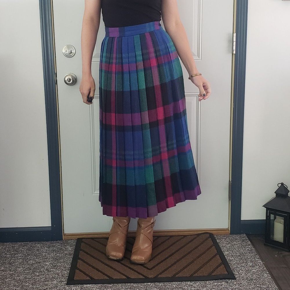 70s Green, Blue,‎ and Purple Plaid Pleated Maxi Skirt